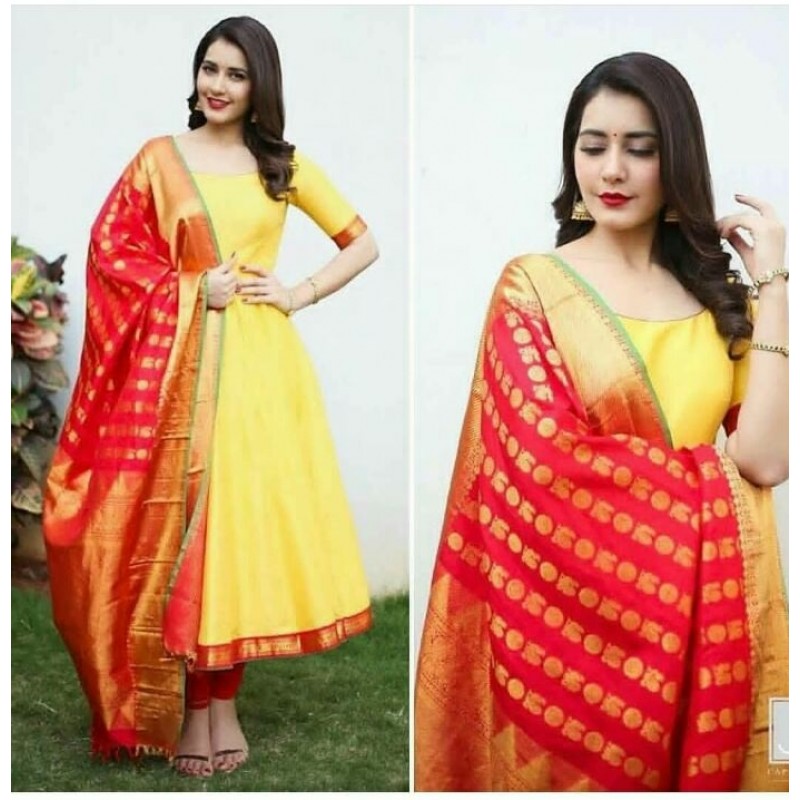 Yellow suit with red banarasi dupatta hotsell